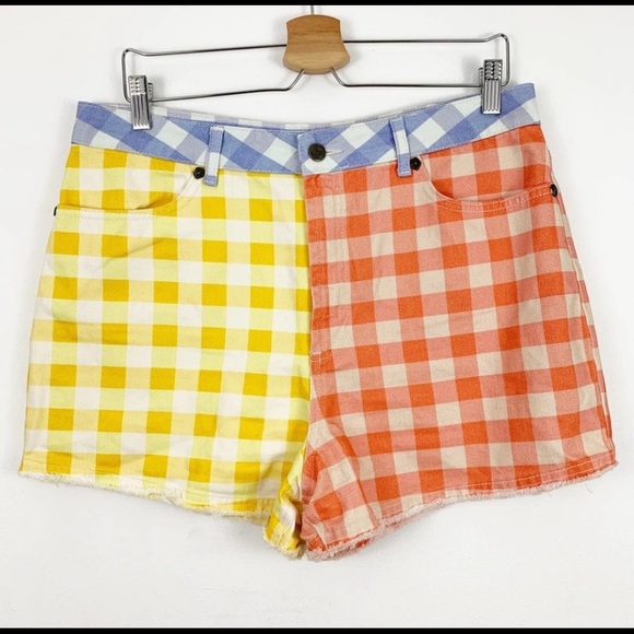 FARM Rio Pants - Farm Rio Anthropologie Gingham Plaid Shorts L Large High Rise Yellow Orange Blue